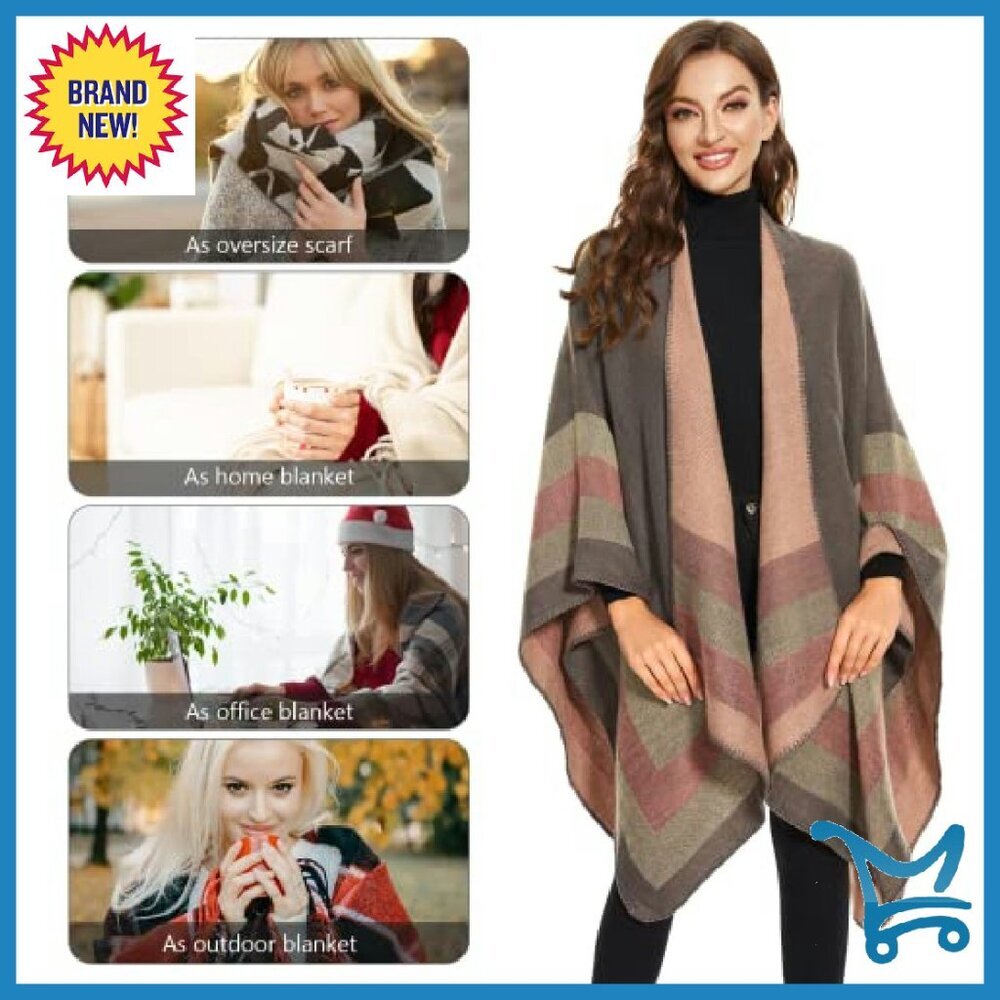 Oversized Knitted Poncho Shawl Wrap Cape Cardigan Wearable Blanket - Picture 3 of 8